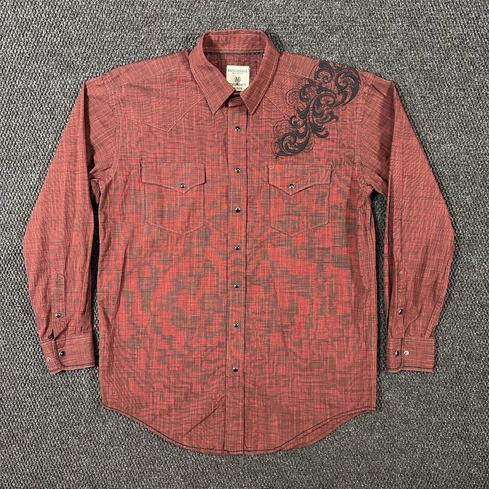 Panhandle Rough Stock Mens Western Pearl Snap Shirt M Red Black Embroidery Rodeo